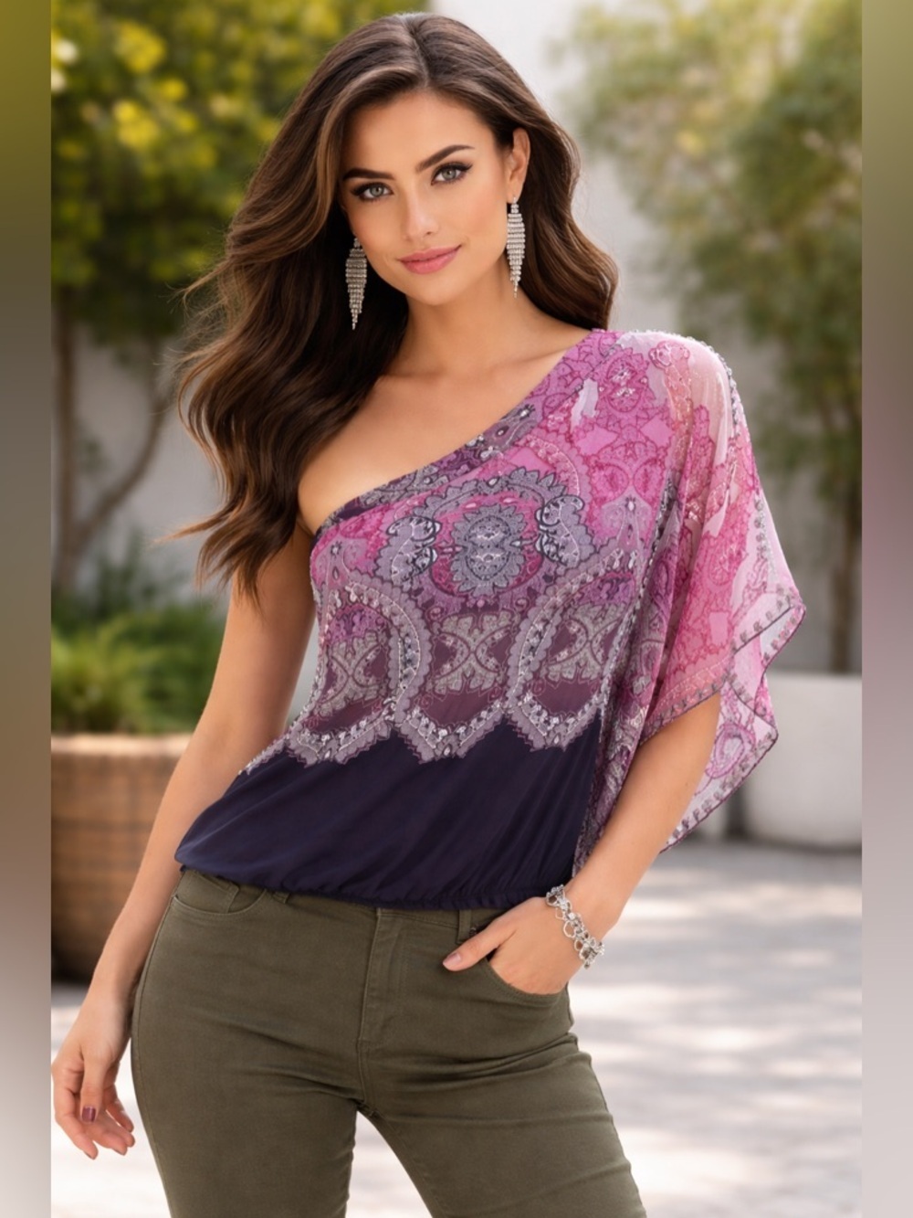 New Cache One Shoulder 100% Silk Embellished Top Paisley Print Size Small Beaded